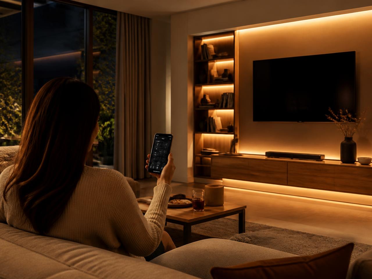 Sala de estar com cenas de iluminação sendo controladas pelo smartphone