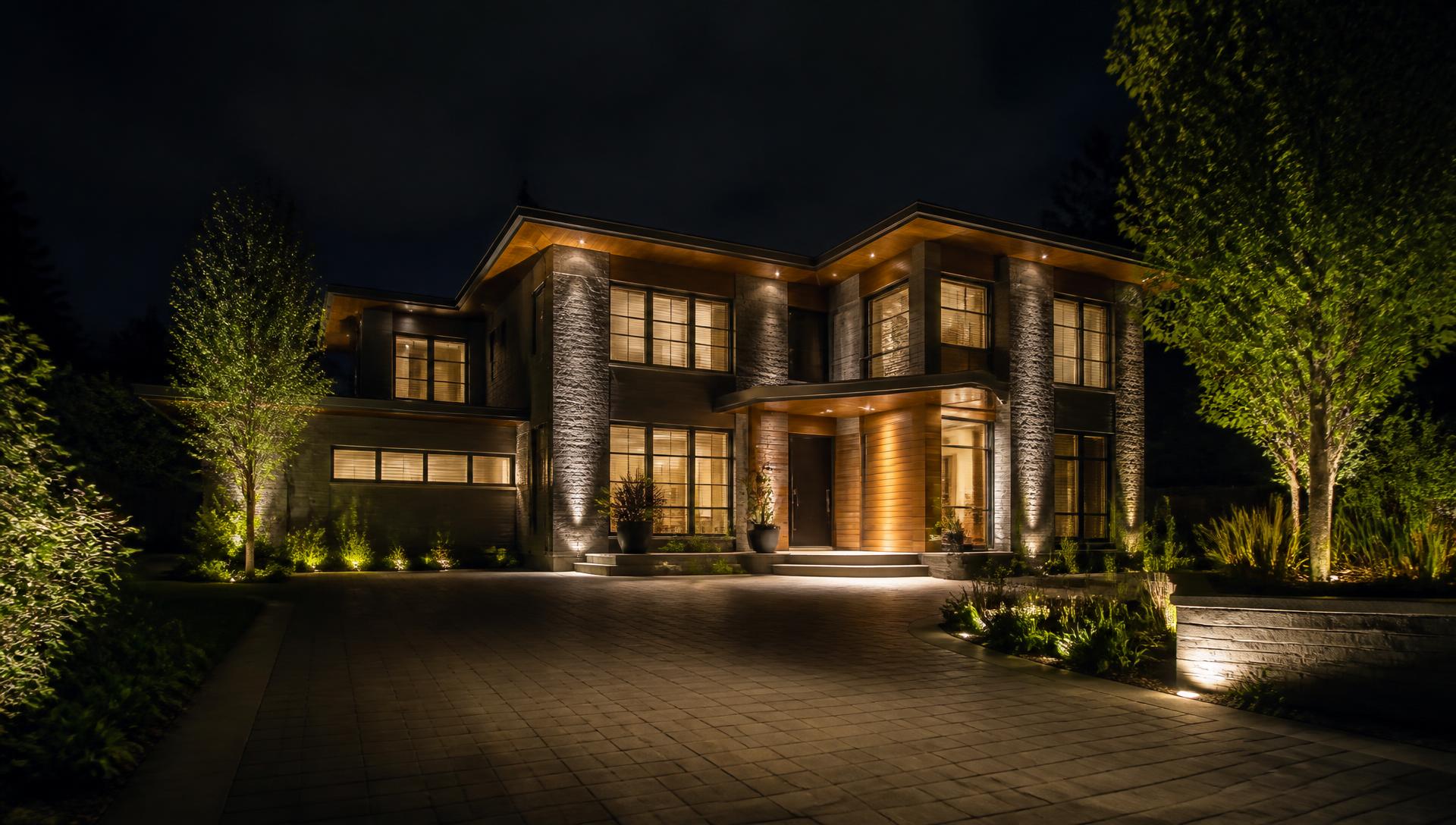 Fachada de residência moderna com iluminação arquitetural à noite