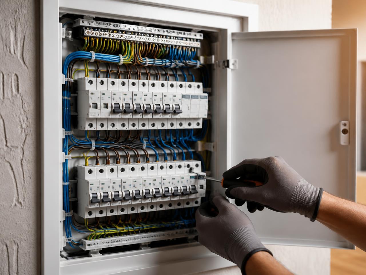 Quadro de distribuição elétrica recém-montado com cabeamento organizado