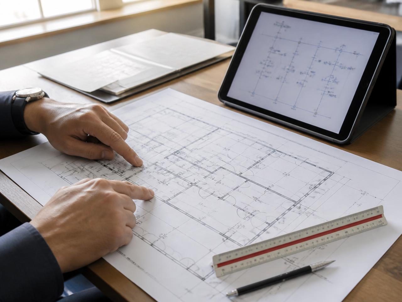 Planta baixa elétrica sobre a mesa de trabalho ao lado de tablet com diagrama unifilar